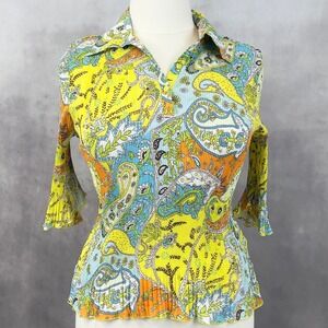 Y2K Psychedelic Womens Paisley Top XL Y2K Boho Indie Festival Eclectic Stretchy‎